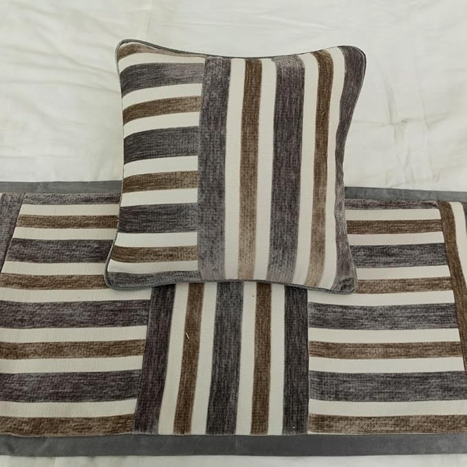 The HomeCentric King/Queen/Twin Beige & Grey Designer King 90"x18" Bed Runner with 2 Pillow Cover, Patchwork Bed Scarf on Velvet Fabric - Striation