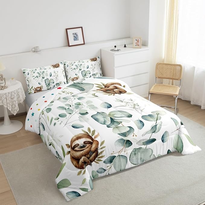 Erosebridal Girls Kawaii Animal Queen Bedding Sets Cute Sloth Comforter Set, Cartoon Wildlife Down Comforter Green Leaf Bedding Comforter Sets, Spring Plant Duvet Insert Child Kids Bedroom Decor