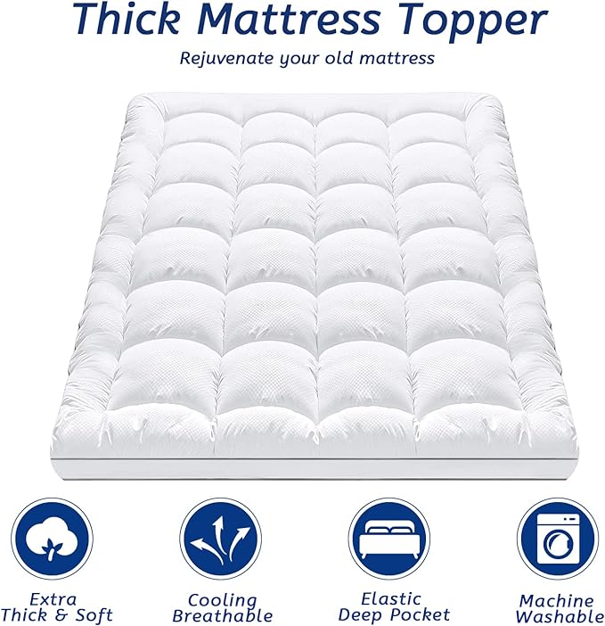 Twin XL Mattress Topper for Back Pain, Cooling Extra Thick Mattress Pad Cover with 8-21 inch Deep Pocket, Plush Pillow Top Mattress Topper Overfilled with Down Alternative, Twin Extra Long, White