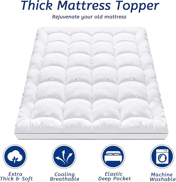 Full Size Mattress Topper for Back Pain, Cooling Extra Thick Mattress Pad Cover with 8-21 inch Deep Pocket, Plush Pillow Top Mattress Topper Overfilled with Down Alternative, Full Size, White
