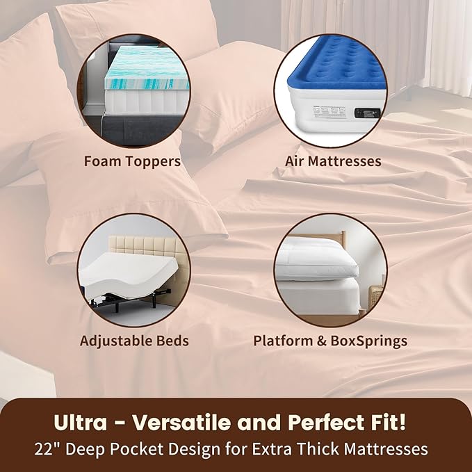 100% Linen Sheet Set Cal King Size Extra Deep Pocket Fits 18-24 Inch Mattress, Breathable & Soft, Smooth 6-Piece Set for Thick Mattresses Hotel Luxury Bedding（Cal King, Brown）