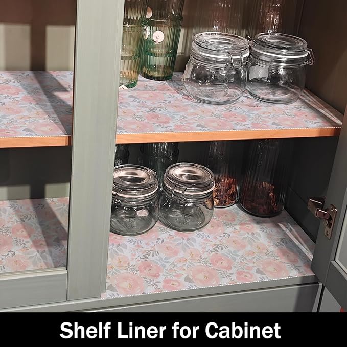 Floral Shelf and Drawer Liner for Kitchen,12IN x 20FT Non-Adhesive and Strong Non-Slip Peony Cabinet Drawer Liners for Kitchen Shelf, Waterproof Cupboard Liners,Easy to Clean