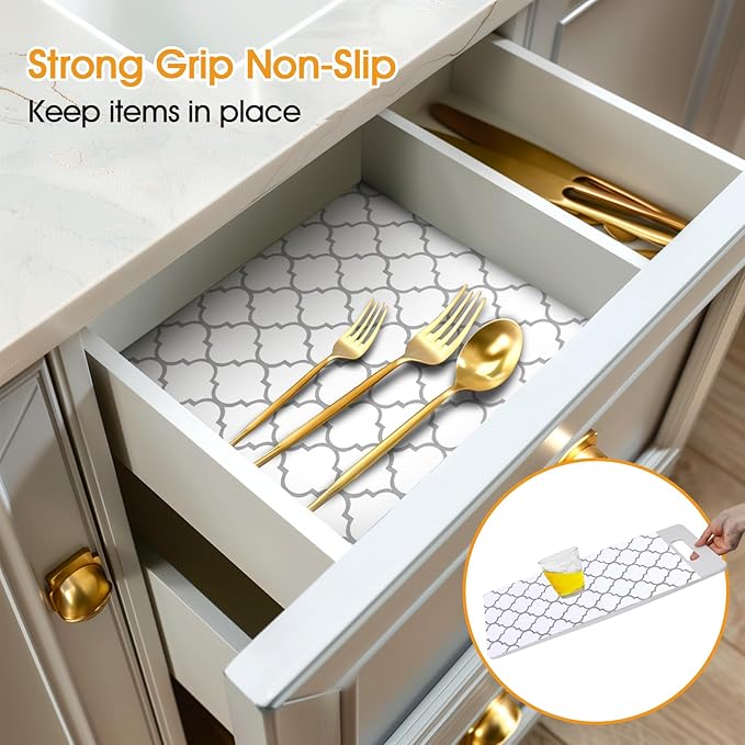 Shelf and Drawer Liner for Kitchen Cabinets Non-Adhesive, Strong Grip Non-Slip Thickened Cabinet Liners for Shelves, Waterproof Mats for Dresser Cupboard, White/Gray, 23 in x 20 Feet