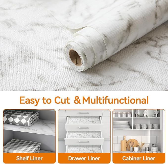 Shelf and Drawer Liner for Kitchen Cabinets Non-Adhesive, Strong Grip Non-Slip Thickened Cabinet Liners for Shelves, Waterproof Mats for Dresser Cupboard, Marble, 17 in x 20 Feet