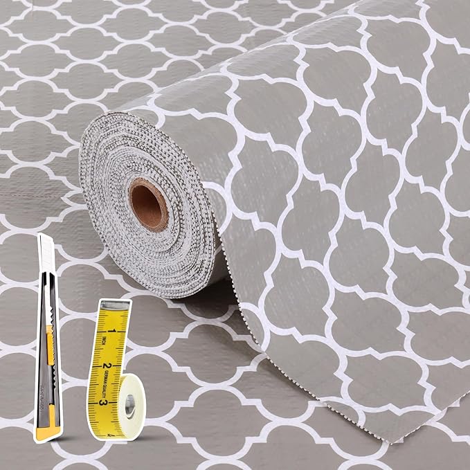 Drawer and Shelf Liner for Kitchen Cabinet: 12 in X 20 Ft Non Slip Waterproof Shelf Paper Non Adhesive Refrigerator Liners Gray Quatrefoil Easy Liners for Bathroom Cupboard with Knife Tape Measure