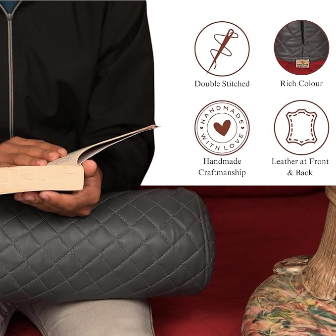 Neck Roll Pillow Cushion Cover, 24x6 Inch Full Moon Round Bolster Pillow Case, Cylinder Soft Lambskin Leather Pillowcase for Head, Spine & Neck Support During Sleep - Quilted Charcoal Grey Pack of 2