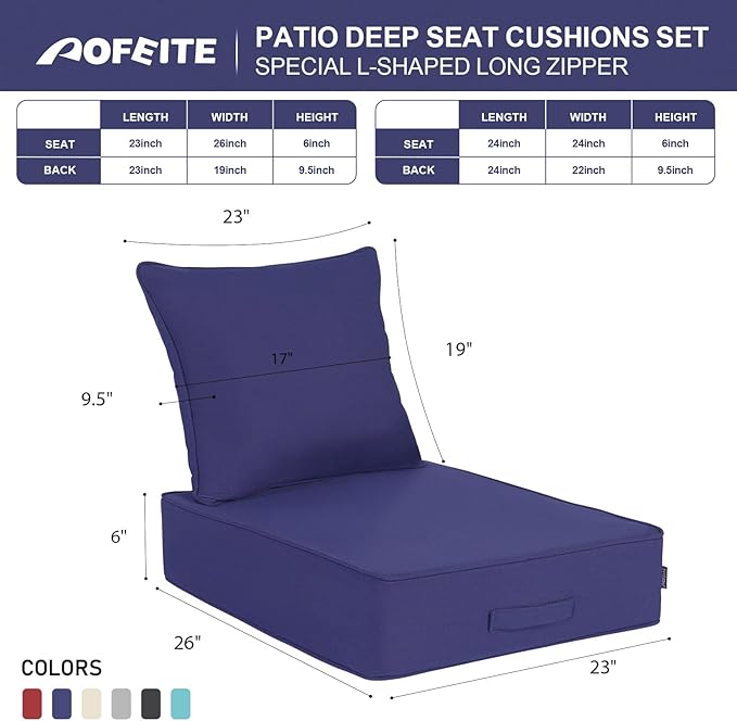 Outdoor Olefin Water-Resistant Deep Seat Cushion Set, 2PCS Weather and Fade Resistant 23''x 26''x 6'' Patio Furniture Seat Cushion, Thickened Sofa Chair Pad for Lawn, Garden, Dark Blue