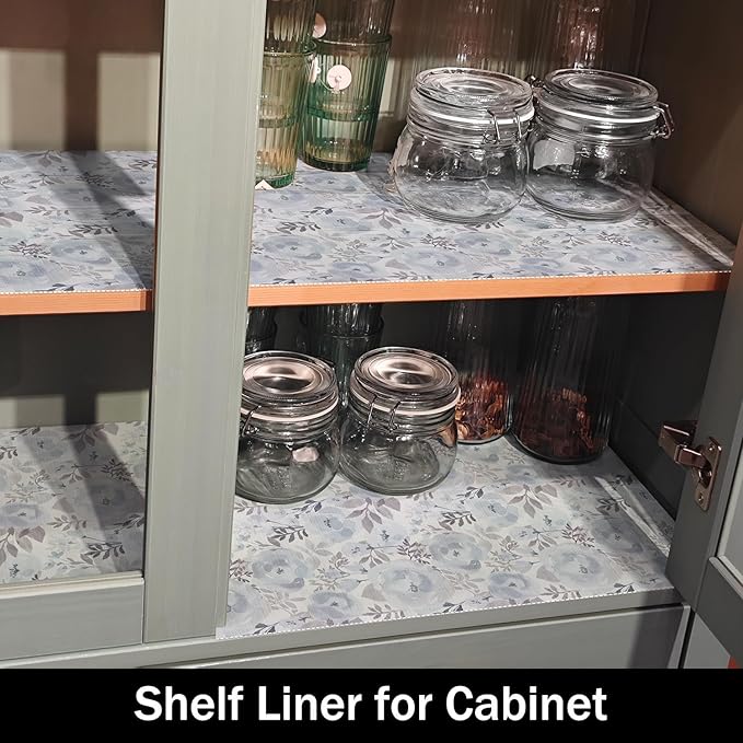 Blue Floral Shelf and Drawer Liner for Kitchen,12IN x 20FT Non-Adhesive and Strong Non-Slip Peony Cabinet Drawer Liners for Kitchen Shelf, Waterproof Cupboard Liners,Easy to Clean