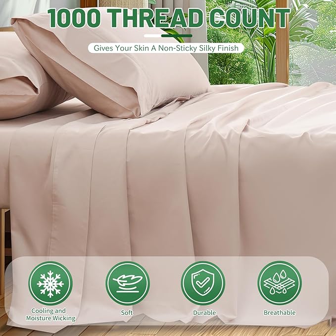 100% Egyptian Cotton Sheets King Size 4PCS 1000 Thread Count Sateen Weave Soft Breathable 16-Inch Deep Pocket （King,Dusty Pink）