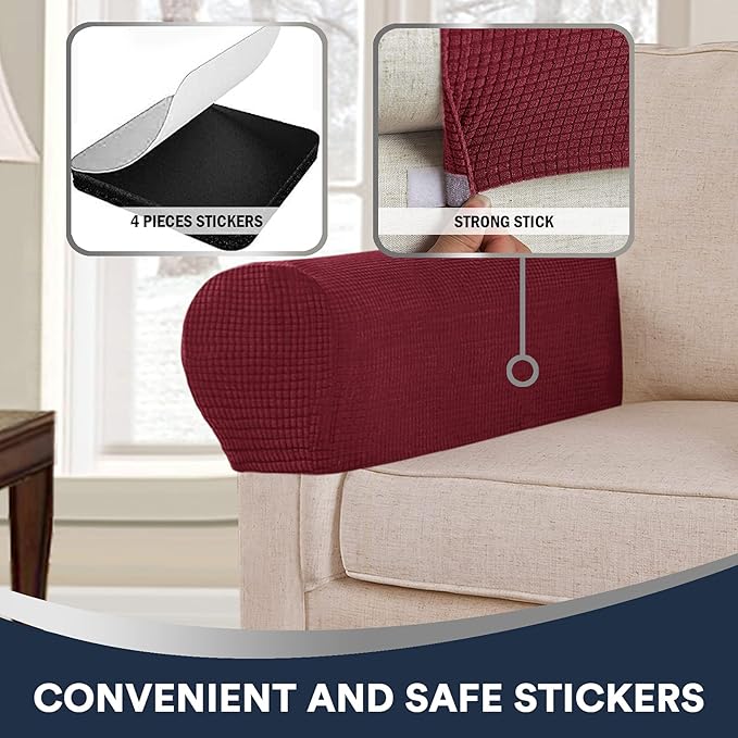 Stretch Sofa Arm Covers Spandex Jacquard Anti-Slip Couch Arm Covers with Sticker Furniture Armrest Protector for Sofa Couch Chair Recliner, 2 Pack, Burgundy Red