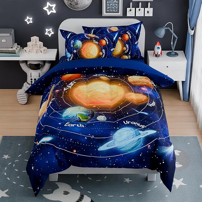 SANDJEST Solar System Comforter Set Full, Ultra Soft Microfiber Bedding Sets with 4-Pieces, Comforters Bed Sets for Kids Children Boy Bedroom Decor