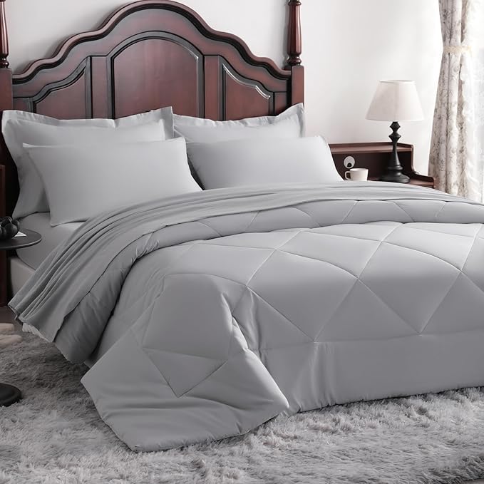 NTBAY King Comforter Set with Sheets, 7 Pieces Soft and Breathable King Bedding Set, Bed in a Bag, Down Alternative Comforter Set Solid Color All Season, King Bedding Set, Light Grey