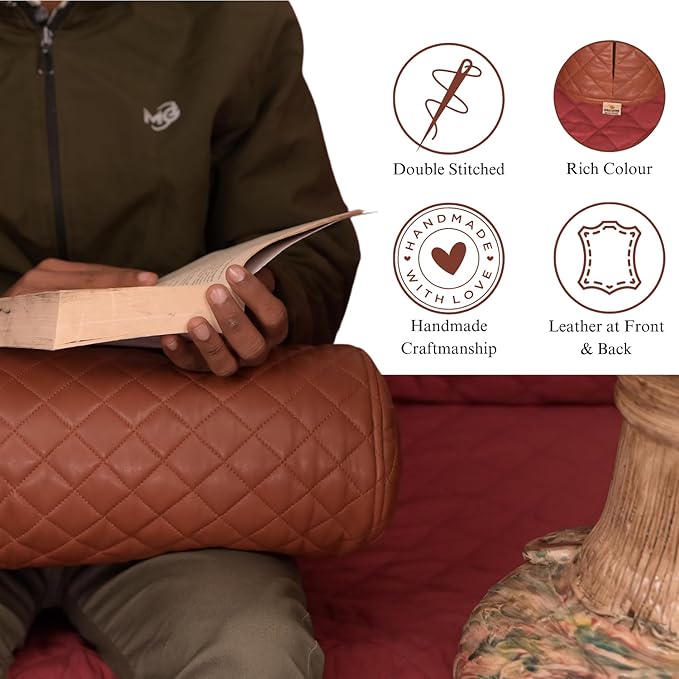 Neck Roll Pillow Cushion Cover, 22x7 Inch Full Moon Round Bolster Pillow Case, Cylinder Soft Lambskin Leather Pillowcase for Head, Spine & Neck Support During Sleep - Quilted Brown Pack of 1