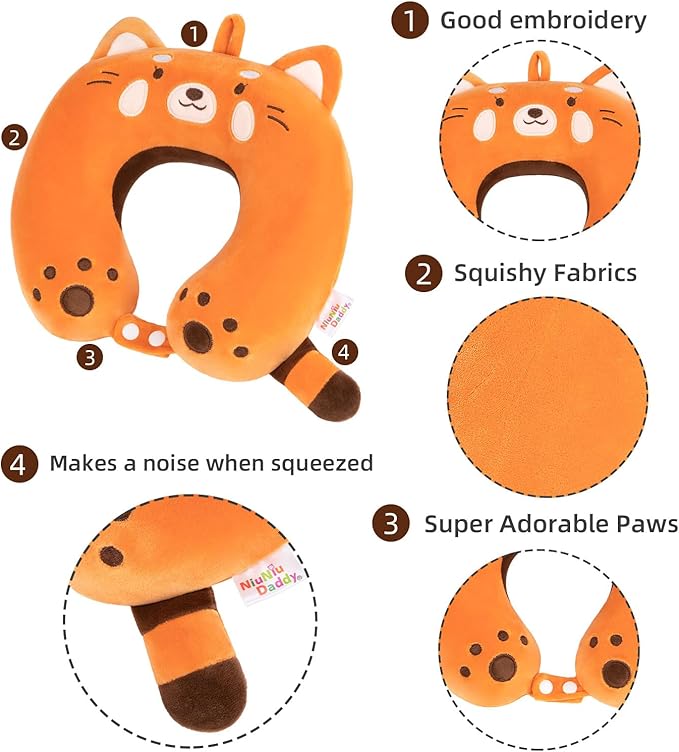 Niuniu Daddy Red Panda Kids Neck Travel Pillow for Traveling, Portable Memory Foam Neck Supportive Cervical Pillow for Long Flights Airplane, Car Headrest Sleeping for 3-8 Y/O Boys Girls Toddler