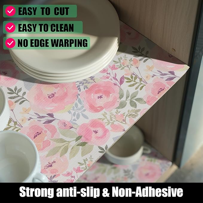 Peach Peony Shelf and Drawer Liner 12IN x 20FT,Non-Adhesive and Strong Non-Slip Floral Cabinet Drawer Liners for Kitchen Shelf, Waterproof Cupboard Liners,Easy to Clean