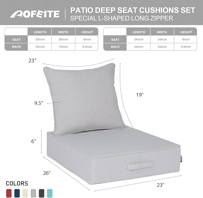 Outdoor Olefin Water-Resistant Deep Seat Cushion Set, 23''x 26''x 6'' Weather and Fade Resistant Patio Furniture Seat Cushion, Thickened Sofa Chair Pad with Straps for Lawn, Garden, Light Gray