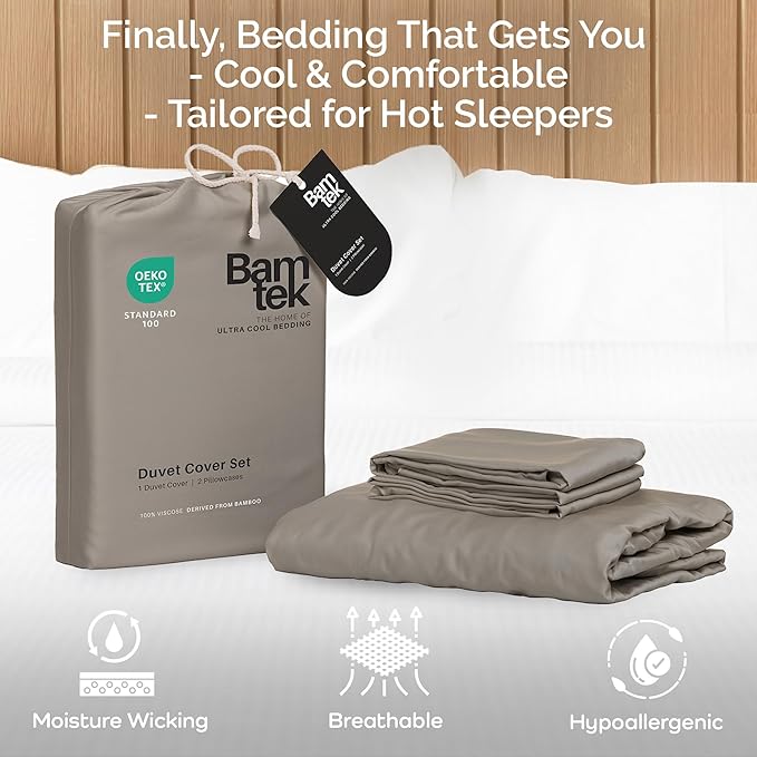 Duvet Cover Set - 100% Viscose Derived from Bamboo Duvet Cover Queen Size, 3 PC Luxury Cooling Duvet Cover for Hot Sleepers, Silky Buttery Soft Comforter Cover & 2 PC Queen Pillowcases, Sand