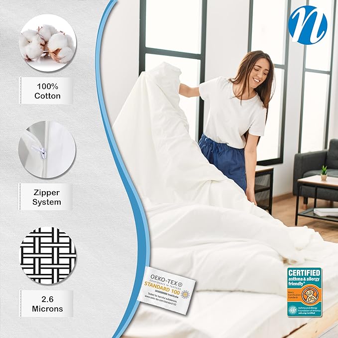 National Allergy Premium 100% Cotton Duvet Comforter Protector - Jumbo Queen Size - 96" x 92" - White - Breathable 300 Thread Count Hypoallergenic Cover - Zippered Encasement - Bedding Linen