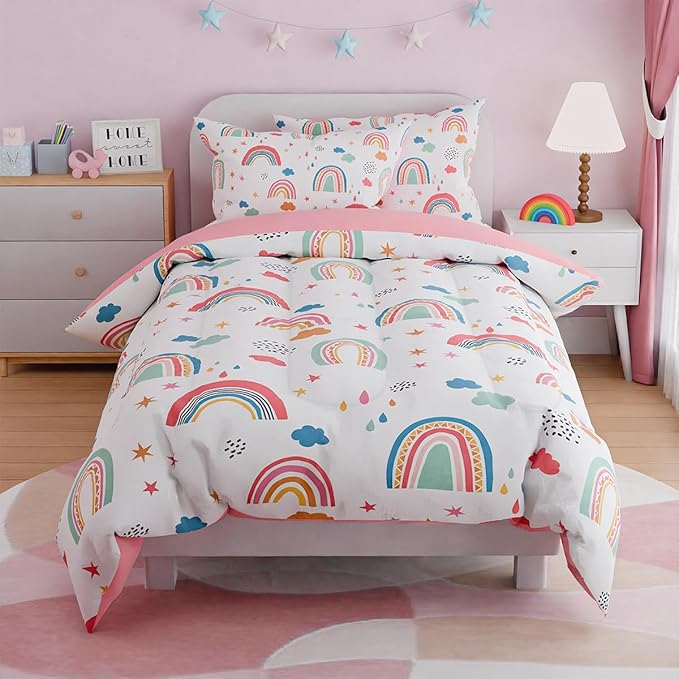 SANDJEST Rainbow Full Bedding Set for Girls, Ultra Soft Microfiber Comforter Set Full Size with 4-Pieces for Kids Teen, Bed Set Comforters for Bedroom Decor