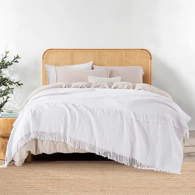 100% Cotton Waffle Blanket with Fringe, Pre-Washed Waffle Weave Blanket for All Season, Lightweight Breathable Soft Cozy Throw Blanket for Couch, Bed, Travel (White - 66x90 Inches)