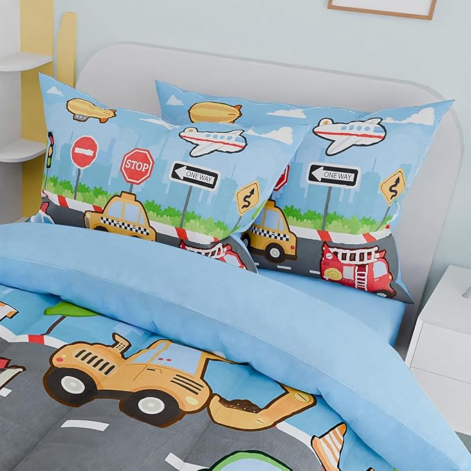 Transportation Kids Bedding Set for Boys, Ultra Soft Microfiber Comforter Set Twin Size with 3-Pieces, Comforters Bed Sets for Boy Children Kids