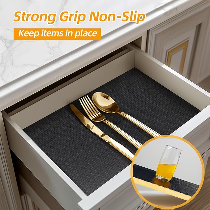 Shelf and Drawer Liner for Kitchen Cabinets Non-Adhesive, Strong Grip Non-Slip Thickened Cabinet Liners for Shelves, Waterproof Mats for Dresser Cupboard, Black, 12 in x 20 Feet