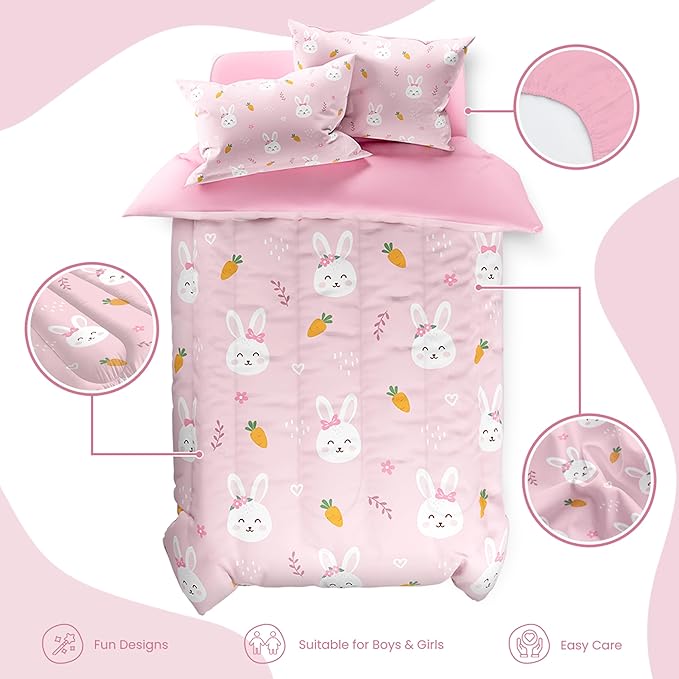 SANDJEST Rabbit Comforter Set Twin Size 68x86in for Kids Girls, Microfiber 3 Pcs Bedding Set Includes 1 Comforter, 1 Pillowcase, 1 Fitted Sheet, Nursery Room Decor