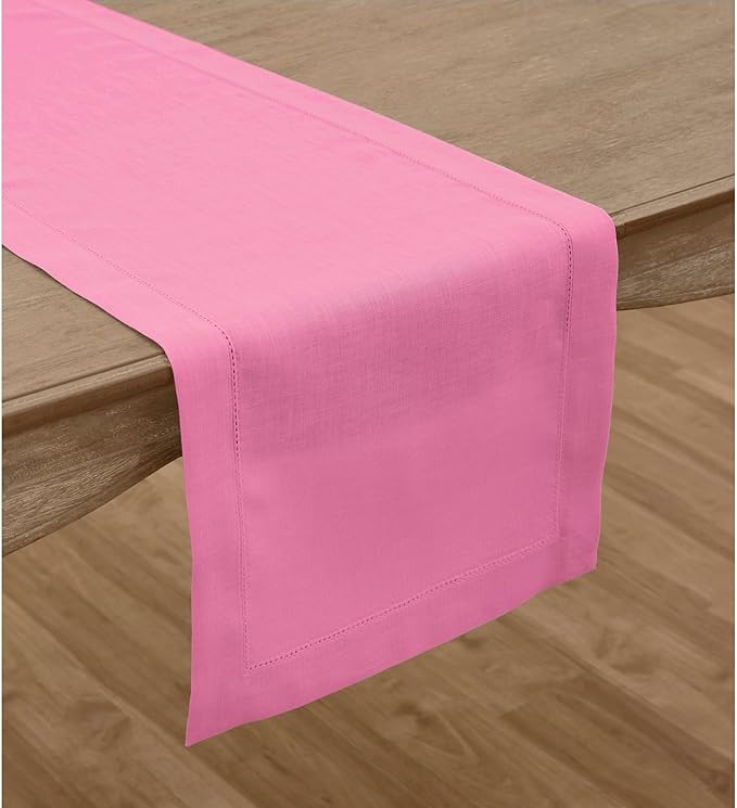Solino Home Linen Flamingo Pink Table Runner 132 Inches Long - 100% Pure Linen Extra Long Table Runner 14 x 132 Inch for Christmas - Classic Hemstitch