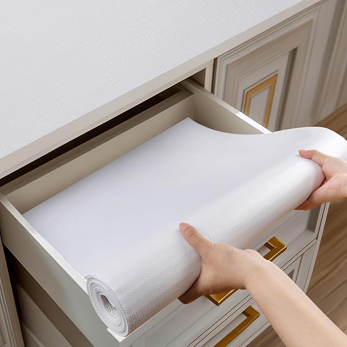 Shelf and Drawer Liner for Kitchen Cabinets Non-Adhesive, Strong Grip Non-Slip Thickened Cabinet Liners for Shelves, Waterproof Mats for Dresser Cupboard, White, 12 in x 10 Feet