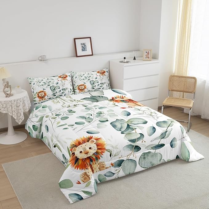 Erosebridal Cute Lion King Size Comforter Set for Kids Child Green Eucalyptus Bedding Set, Woodland Animal Down Comforter Botanical Plant Leaves Bed Set, Cartoon Wildlife Quilted Duvet