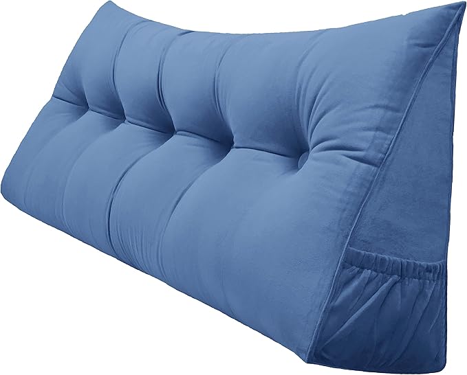Triangular Reading Bed Rest Pillow Large Bolster Cushion Headboard Backrest Wedge Pillow with Removable Cover and Two Large Side Pockets (Steel Blue, California King: 71 x 8 x 20 inches)