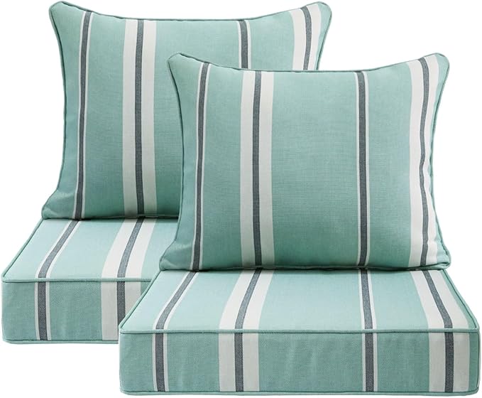 Outdoor Patio Chair Cushions Set, 24" x 24", Set of 2, Water-Repellent, Fade Resistant, Deep Seat Bottom and Back Cushion for Backyard, Couch, Sofa and Patio Furniture, Aqua Stripe