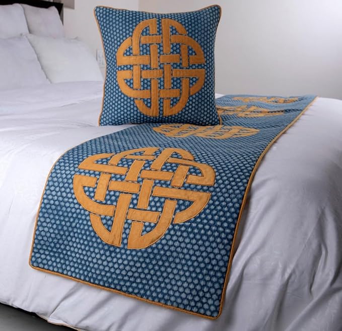 The HomeCentric Blue Bed Runner, Twin Size 53"x18" Decorative Bed Runner with 2 Matching Pillow Cover, Blue Cotton Bed Scarf in Quilted, Beehive Denim with Applique - Denim Love