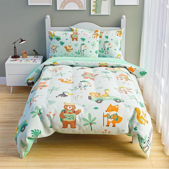 SANDJEST Jungle Animal Comforter Set Twin Size 68x86in for Kids Boys, Microfiber 3 Pcs Bedding Set Includes 1 Comforter, 1 Pillowcase, 1 Fitted Sheet, Nursery Room Decor