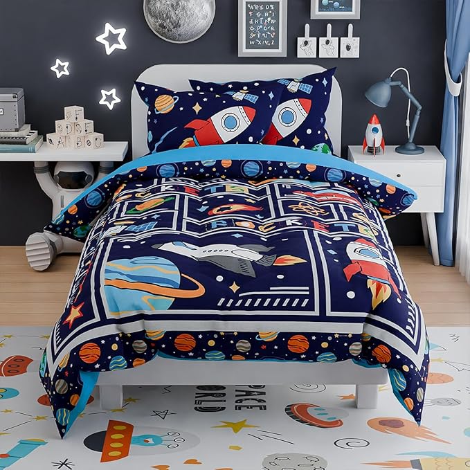 SANDJEST Space Bedding Twin for Boys, Ultra Soft Microfiber Comforter Bed Set with 3-Pieces, Rocket Comforters Sets for Kids Children Teen Tween Bedroom Decor