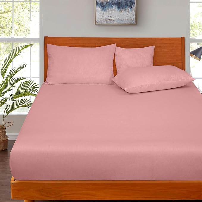 ROYALE LINENS 300 Thread Count 100% Long Staple Combed Cotton Fitted Sheet Twin XL - Super Soft Deep Pocket Bottom Sheet - Fitted Sheets Only - Elastic Sheets (Twin XL, Pink)