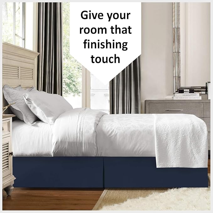 100% Cotton 800 Thread Count Box Pleated Bed Skirt - Luxury Pleated Dust Ruffle, Hotel Quality Modern Bed Skirt, Easy Fit with 12 Inch Tailored Drop, Queen, Navy Blue