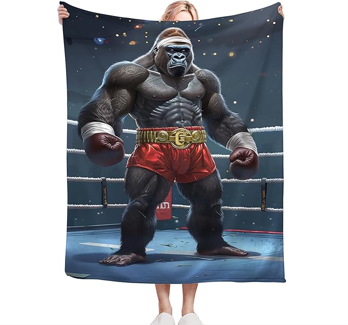 Gorilla Boxing Throw Blanket - Funny Boxing Gifts and Decor - Soft, Warm, Cozy Fleece Blanket for Men, Women, Boys, Girls - 50"x40"