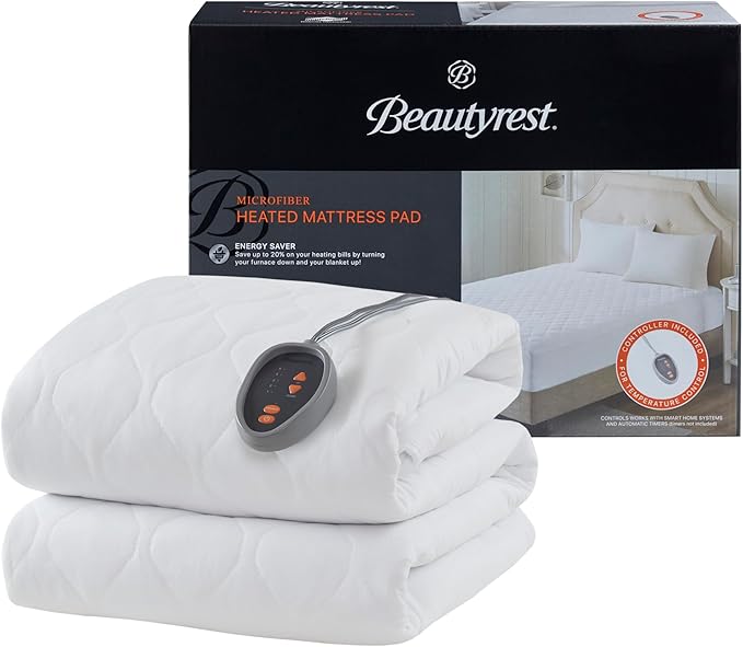 Beautyrest Cotton Blend Heated Mattress Pad Secure Comfort Technology - Luxury Quilted Electric Mattress Pad with Deep Pocket - 5-Setting Heat Controllers, Twin XL , White