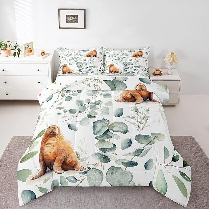 Erosebridal Cartoon Seal Bedding Queen Size Toddler Ocean Wildlife Comforter Set Queen, Spring Plant Duvet Insert Eucalyptus Leaf Quilt Set, Sea Animal Theme Bedding Comforters & Sets Kids Room Decor