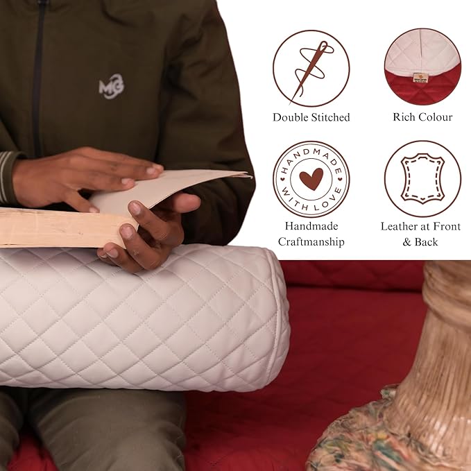 Neck Roll Pillow Cushion Cover, 20x7 Inch Full Moon Round Bolster Pillow Case, Cylinder Soft Lambskin Leather Pillowcase for Head, Spine & Neck Support During Sleep - Quilted White Pack of 2