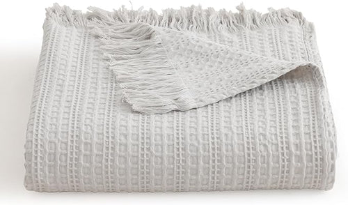 100% Cotton Waffle Queen Blanket with Fringe 90"x90", Pre-Washed Waffle Weave Blanket for All Season, Lightweight Breathable Soft Cozy Throw Blanket for Couch, Bed, Travel (Light Grey)