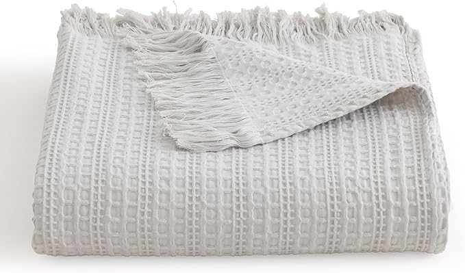 100% Cotton Waffle King Blanket with Fringe 104"x90", Pre-Washed Waffle Weave Blanket for All Season, Lightweight Breathable Soft Cozy Throw Blanket for Couch, Bed, Travel (Light Grey)