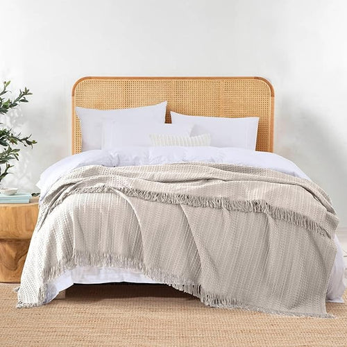 100% Cotton Waffle Blanket with Fringe, Pre-Washed Waffle Weave Blanket for All Season, Lightweight Breathable Soft Cozy Throw Blanket for Couch, Bed, Travel (Beige - 66x90 Inches)