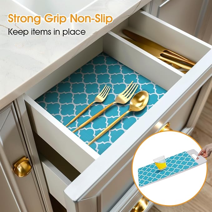 Shelf and Drawer Liner for Kitchen Cabinets Non-Adhesive, Strong Grip Non-Slip Thickened Cabinet Liners for Shelves, Waterproof Mats for Dresser Cupboard, Green/White, 23 in x 30 Feet