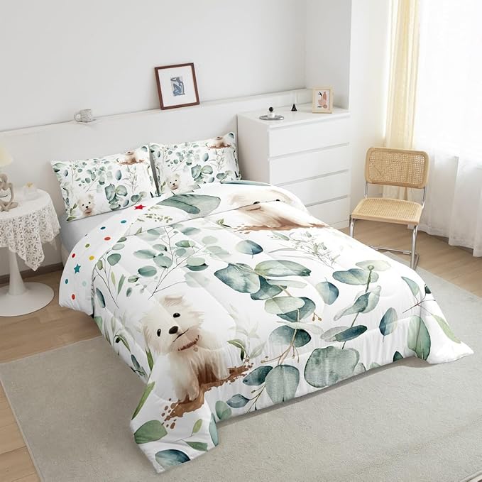 Erosebridal Cute Dog King Comforter Set for Kids Child Green Eucalyptus Bedding Set King, Pet Animal Bedding Comforter Sets Botanical Plant Leaves Duvet Set, Cartoon Pug Puppy Quilted Comforter