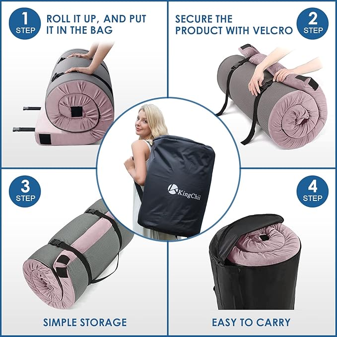 KingChii CertiPUR-US Memory Foam Camping Mattress, Portable Roll Up Travel Car Camping Mattress Sleeping Pad & Floor Mattress, Cot Mattress Guest Bed for Sleepover with Waterproof Cover & Travel Bag