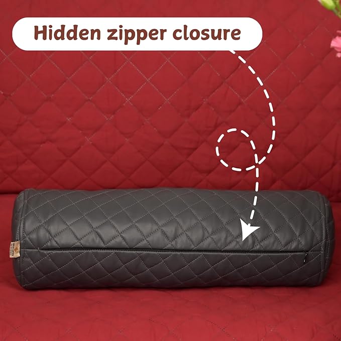 Neck Roll Pillow Cushion Cover, 14x6 Inch Full Moon Round Bolster Pillow Case, Cylinder Soft Lambskin Leather Pillowcase for Head, Spine & Neck Support During Sleep - Quilted Charcoal Grey Pack of 2