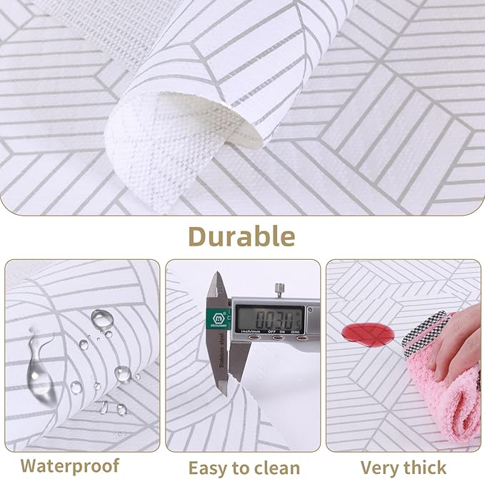 Shelf Liners for Kitchen Cabinets 12in x 30FT, Non Adhesive Cabinet Liner Strong Non-Slip Thickened Silver Geometric Easy to Clean for Shelf, Cabinet, Refrigerator with Knife and Tape Measure