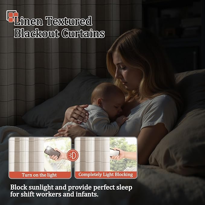 Grey Plaid Curtains Pattern Printed 90 Inches Long - Total Linen Blackout Curtains for Living Room, Boho Grommet Drapes for Farmhouse Cottage Thermal Drapery 52x90 Inch 2 Panels